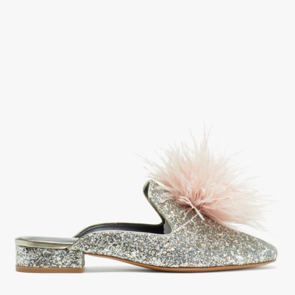 KATE SPADE Maribou Silver Glitter Feather Mules-Size 6.5- Silver/Pink-RARE/READ!